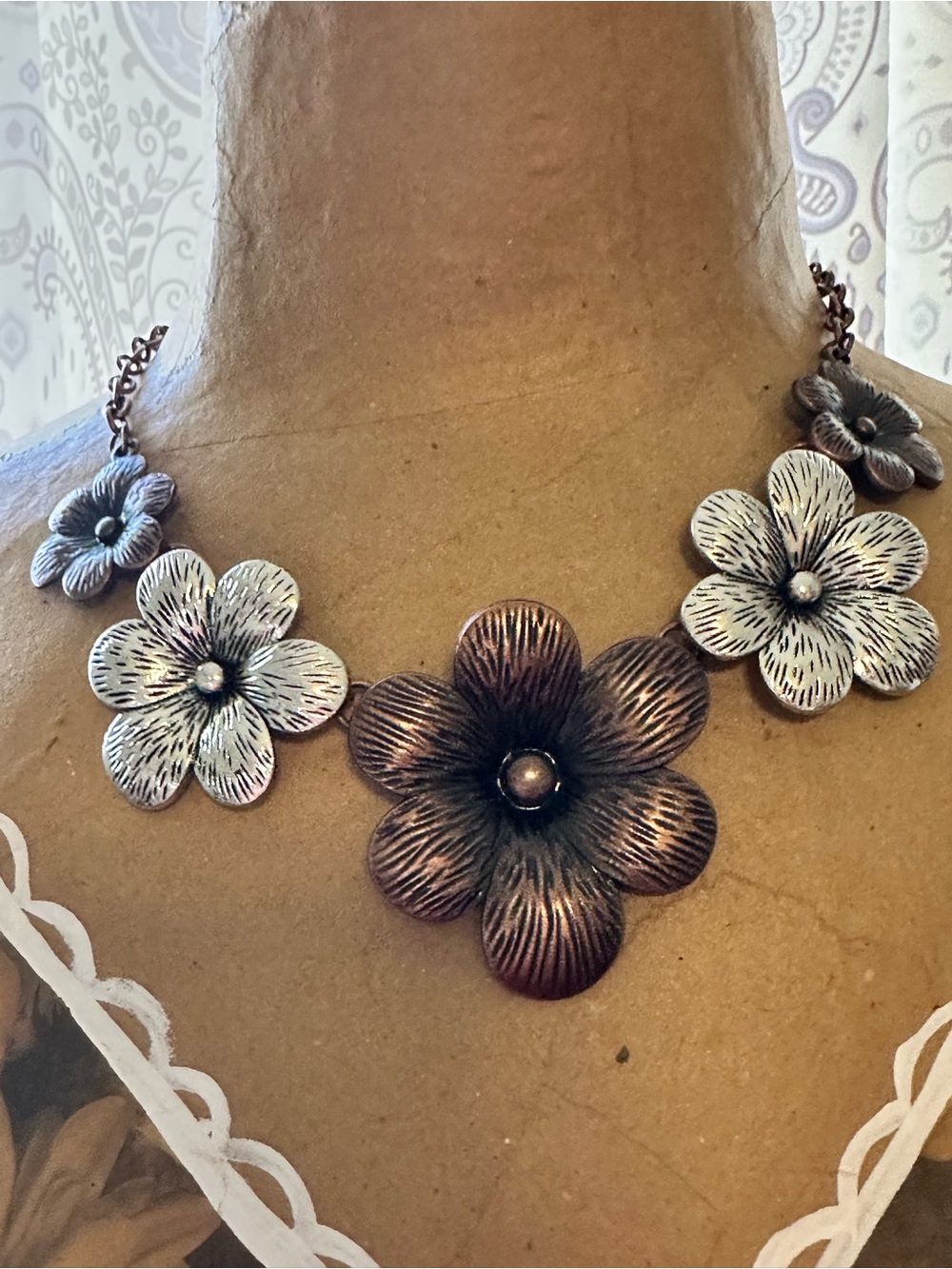 Mixed Metal Floral Necklace in Copper and Silver Tones